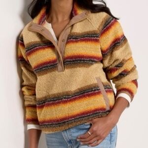 Faherty Fireside Bonfire Fleece Popover Top Tan Orange Stripe Small S